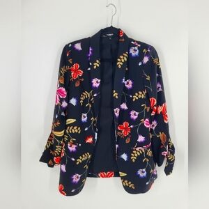 EXPRESS‎ BLACK FLORAL TIE SLEEVE BOYFRIEND BLAZER JACKET OPEN FRONT SIZE S